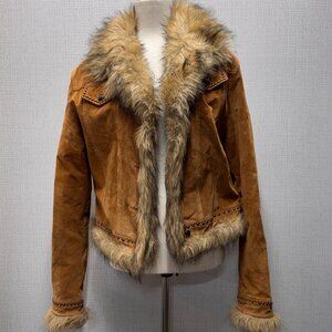 VTG bebe Split Pig Leather Suede Penny Lane Style Faux Fur Collar Cuff Jacket Lg